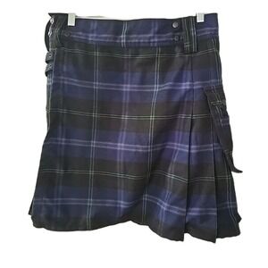 Highland Tartan Blue Black Plaid Kilt With Pockets And Buckles Size 34